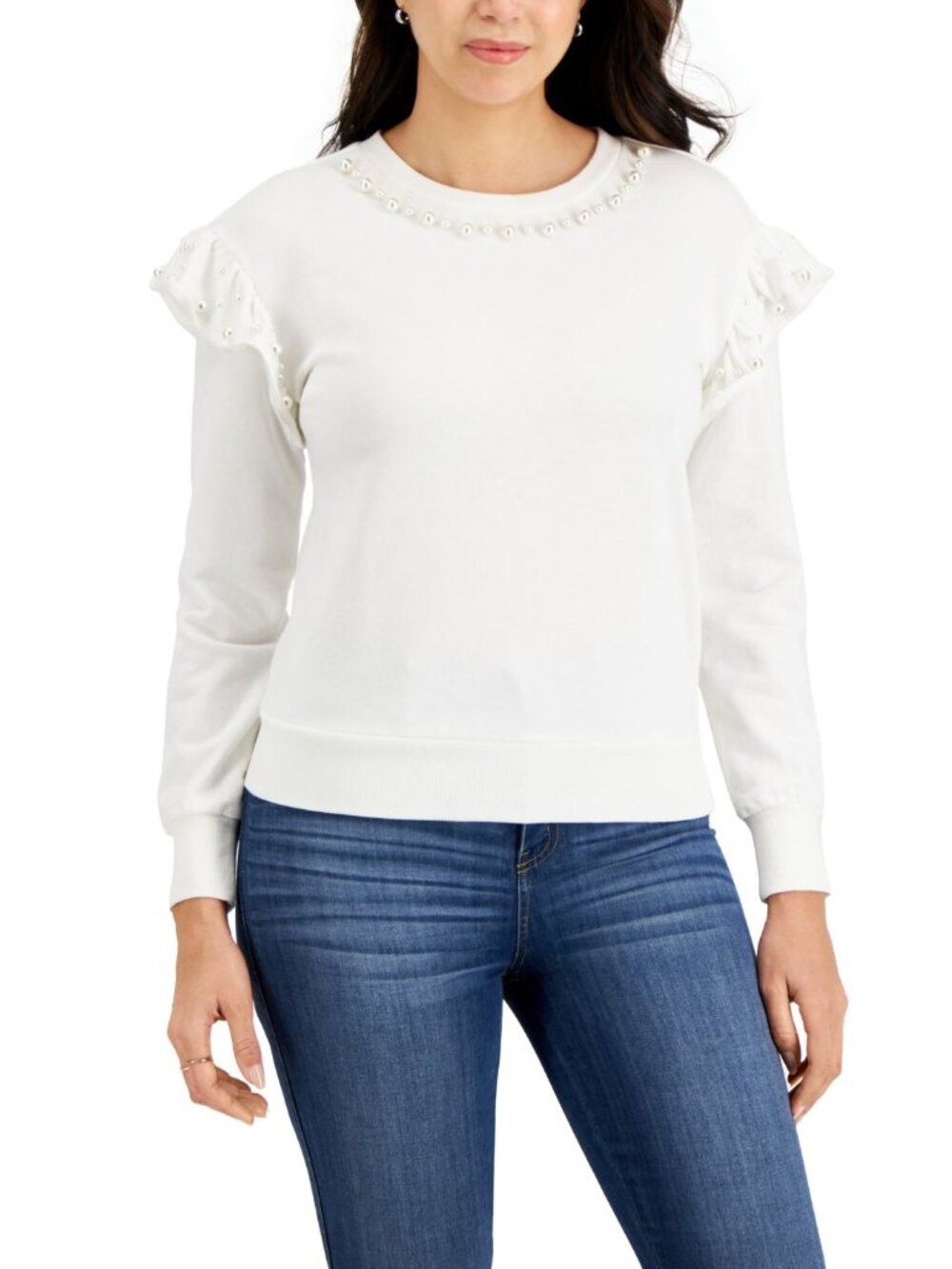 Charter Club Womens Activewear Faux-Pearl-Embellished Ruffled-Shoulder Top